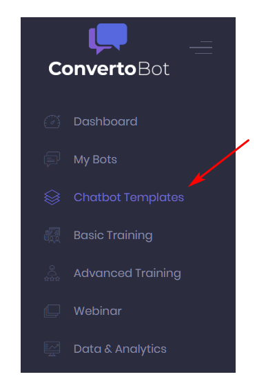 Chatbot templates in the dashboard menu