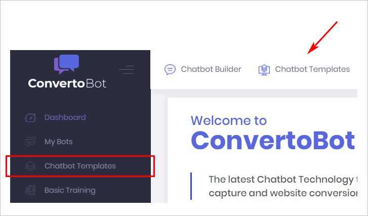 Chatbot templates in the dashboard menu & top toolbar