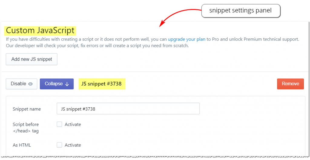 Snippet Settings Panel